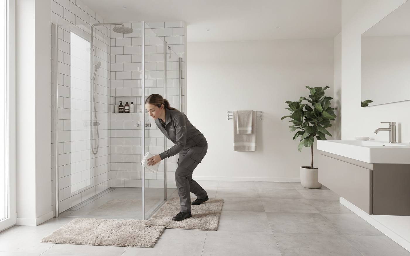 Reinigungskraft reinigt die Duschkabine im Badezimmer