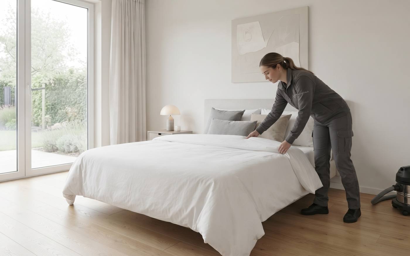 Reinigungskraft bezieht das Bett im Schlafzimmer frisch