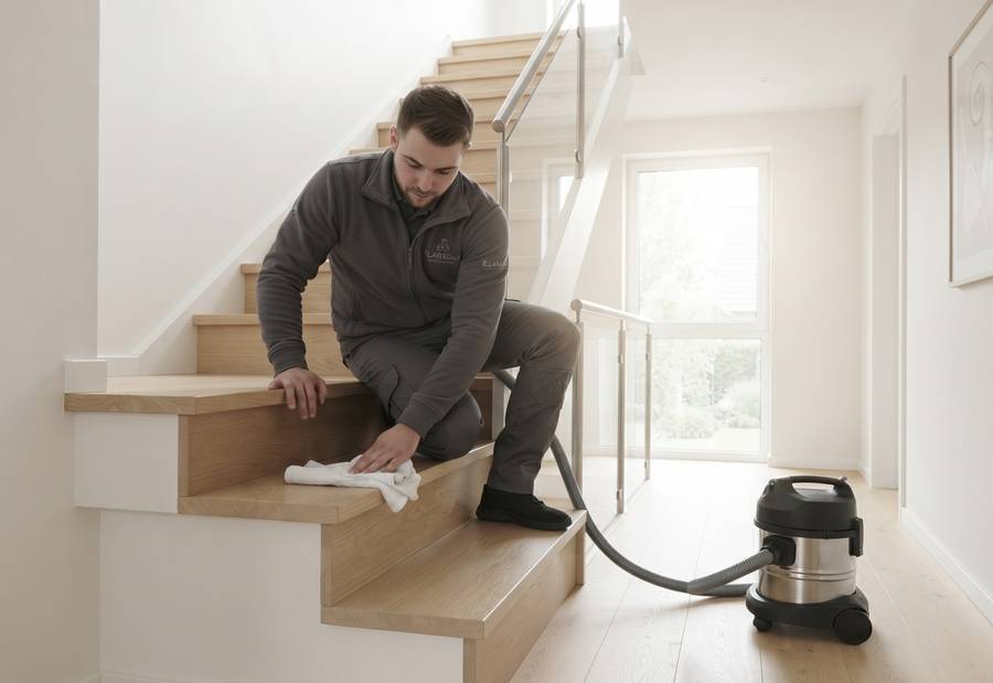 Reinigungskraft saugt eine Treppe im Einfamilienhaus