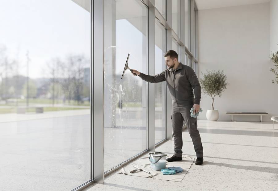 Fensterreiniger arbeitet an einer Fassade